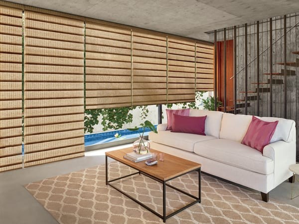 Roman Shade Living-room Windows — Make your living room beautiful and functional. Modern shades pull it all together with elegant fabric folds