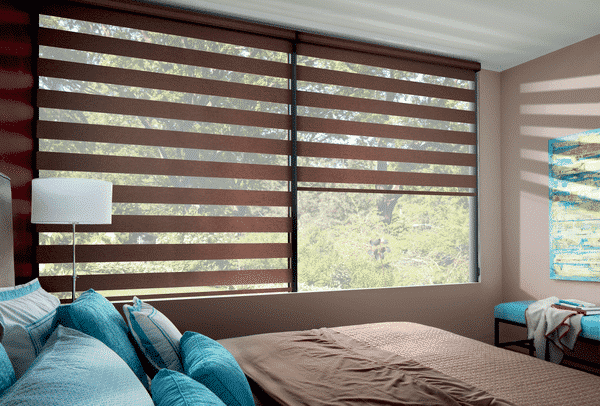 Zebra Blinds Bedroom Open - Two side by side shades for a bedroom window. You have the independent operation of two shades. Fabric bands are light blocking