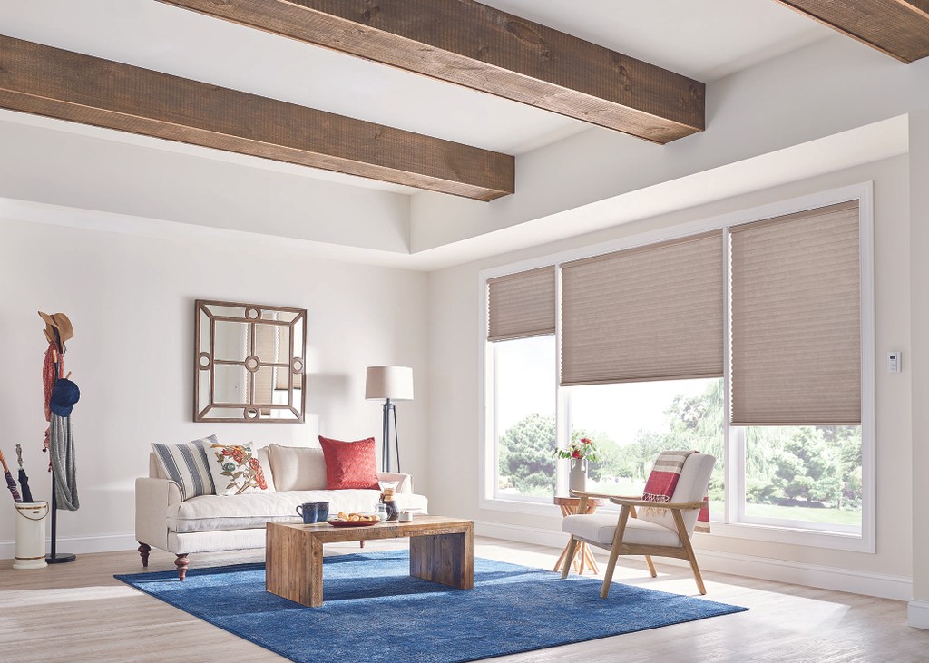 Cellular Blind Livingroom Style — Beams, furniture, and window coverings give rustic contrast to the neutral color of the wall and flooring.