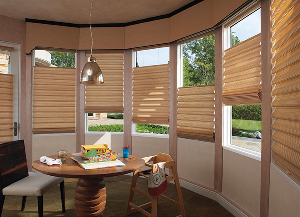 Roman Shades Dining Room Area — Shade layers in the tiered style to stack up, down or anywhere in the middle — Signature Fabric Folds