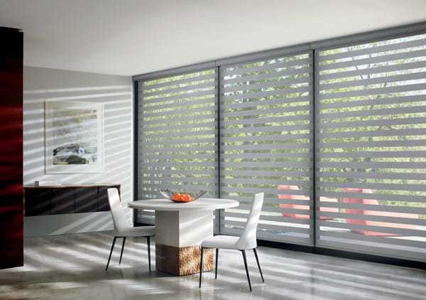 Zebra Blinds Dining Windows — Get a beautiful style that allows both sheer elegance and privacy. Fabric bands alternate between sheer and privacy fabric