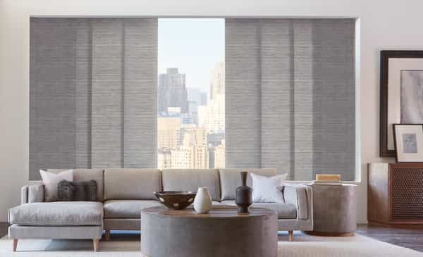 Sliding Fabric Panels Door Window Covering — Providing minimum stack back &amp; maximum view-through. Make a beautiful statement with a fabric