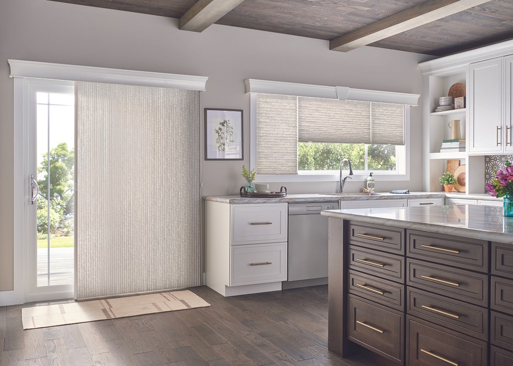 Vertical Cellular Shade Kitchen — A shade that traverses, slide as you move in or out. Beautiful window covering for your kitchen patio door.
