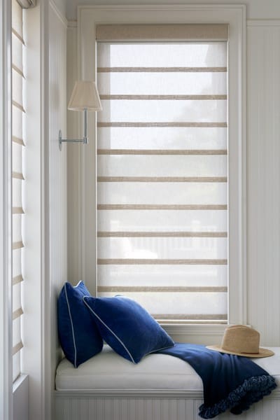 Roman Shades Sheer Fabric — fabric allows view-through and moderate privacy. You enjoy the beauty of your space with soft light filtering in
