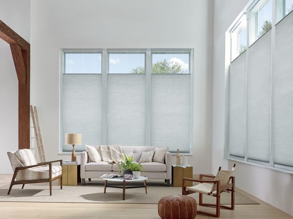 Cellular Blind SemiOpaque Fabric — lighter, soft to touch and allows beautiful light to pass through but no detailed images, good privacy