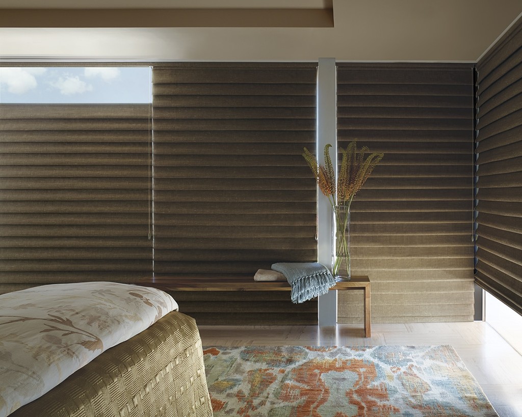 Roman Shades Master Bed Room - Opaque or light blocking fabrics allow room darkening for bedrooms or media rooms with glare issues.